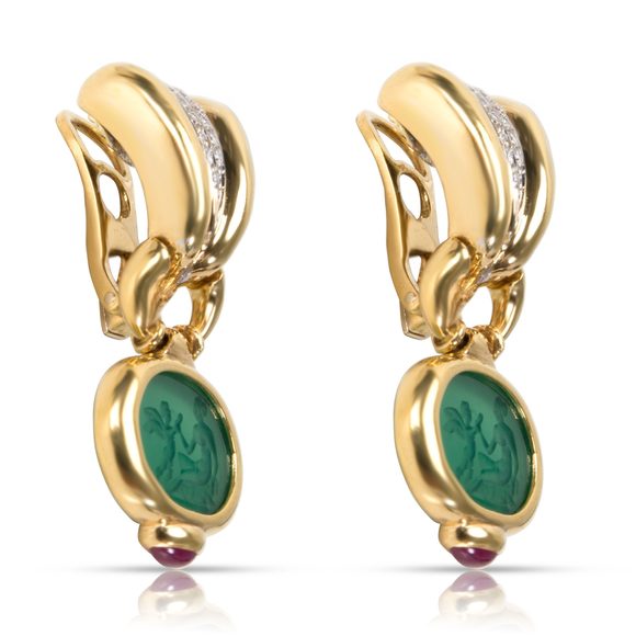 18KT Yellow Gold Ruby and Carved Green Stone Earrings with Diamond Accents - Picture 2 of 2
